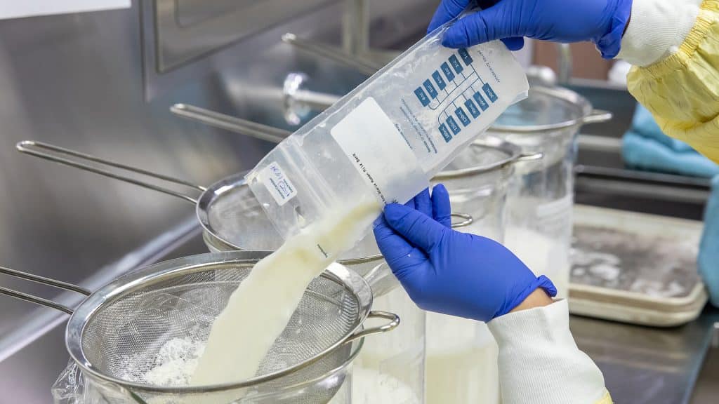 A technician wearing blue gloves pours a thawed bag of donor milk through a mesh strainer.