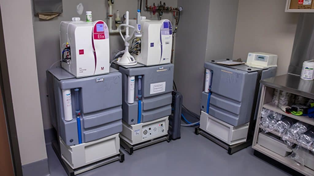 A row of industrial water purification units and storage tanks are set up in a utility room, with pipes and controls mounted on the wall behind them.