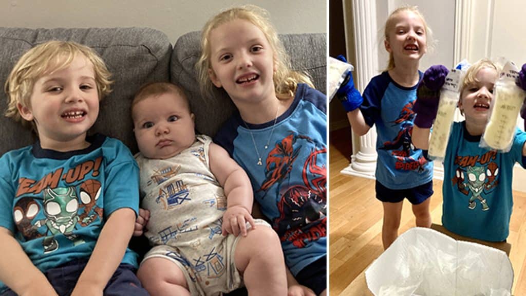 (left) Three young siblings sit together on a couch, including a baby in the middle, smiling at the camera. (right) Two children, one boy and one girl, proudly hold up two bags of donor milk while wearing gloves.