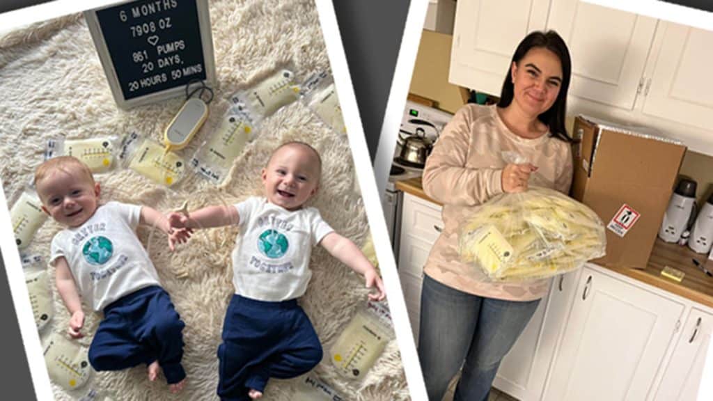 Photo collage with Milk Bank donor Ellen holding bags of donor milk, and her twins