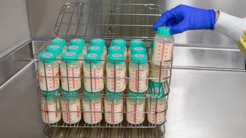 milk bank worker holding bottle of donor milk