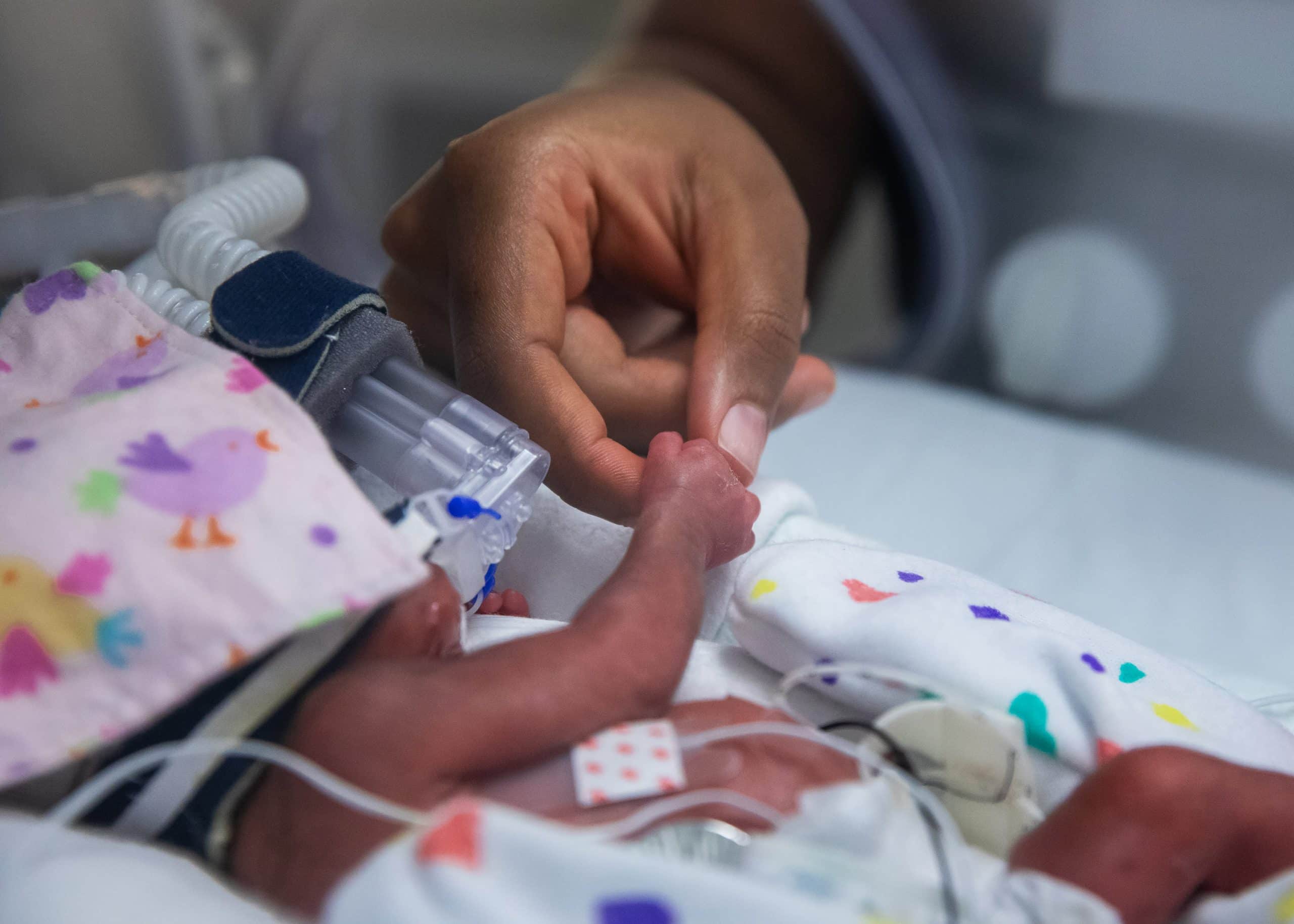 parent holding hand of baby inside an incubator